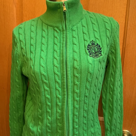 Ralph Lauren cable knit full zip lime green and navy blue sweater Medium - Picture 3 of 17